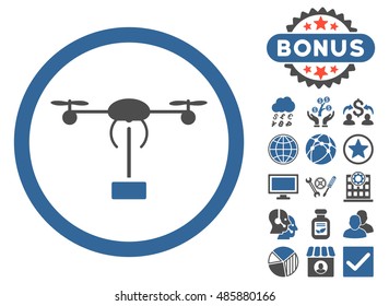 Copter Shipment icon with bonus symbols. Vector illustration style is flat iconic bicolor symbols, cobalt and gray colors, white background.
