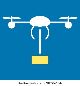 Copter shipment icon. Style: flat bicolor symbol, yellow and white colors, rounded angles, blue background.