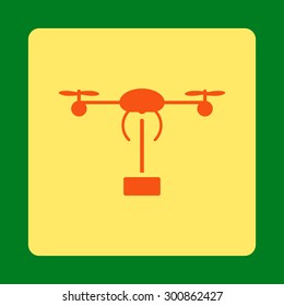 Copter shipment icon. Vector style is orange and yellow colors, flat rounded square button on a green background.