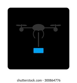 Copter shipment icon. Vector style is gray and light blue colors, flat rounded square black button on a white background.