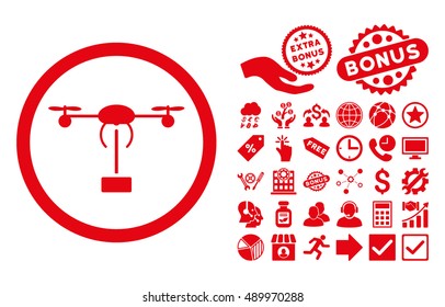Copter Shipment pictograph with bonus icon set. Vector illustration style is flat iconic symbols, red color, white background.