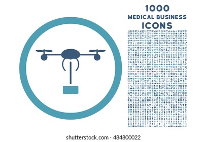 Copter Shipment rounded vector bicolor icon with 1000 medical business icons. Set style is flat pictograms, cyan and blue colors, white background.