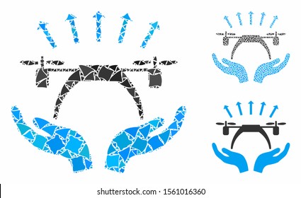 Copter startup composition of raggy parts in variable sizes and color tones, based on copter startup icon. Vector raggy items are united into composition.