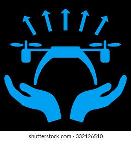 Copter Startup vector icon. Style is flat symbol, blue color, rounded angles, black background.