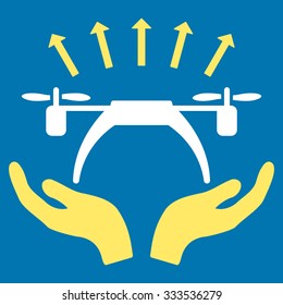 Copter Startup vector icon. Style is bicolor flat symbol, yellow and white colors, rounded angles, blue background.