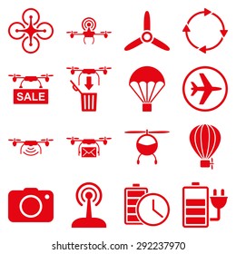 Copter tools icon set designed with red color. These flat pictograms are isolated on a white background.