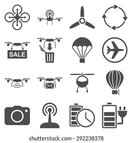 Copter tools icon set designed with gray color. These flat pictograms are isolated on a white background.