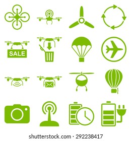 Copter tools icon set designed with eco green color. These flat pictograms are isolated on a white background.