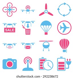 Copter tools icon set designed with pink and blue colors. These flat bicolor pictograms are isolated on a white background.