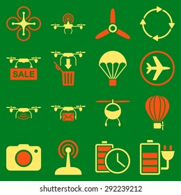 Copter tools icon set designed with orange and yellow colors. These flat bicolor pictograms are isolated on a green background.