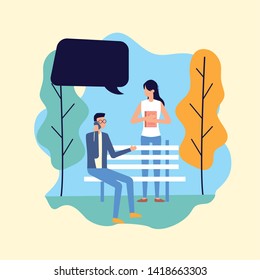 copule with smartphone and book talking bubble city park vector illustration