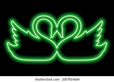 A copuple of swans touching each other's heads. A couple of birds in love. Green neon outline