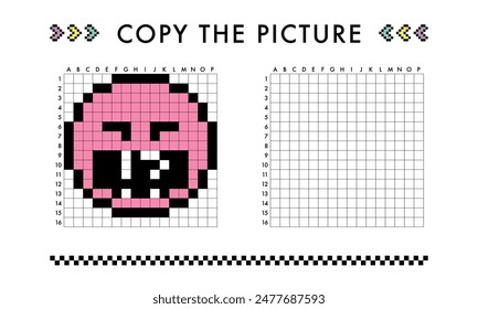 Copy the angry face picture game. Drawing with squares. Educational worksheet for kids. Coloring activity for preschool and school children. Pixel art vector illustration. Printable pattern 