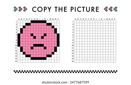 Copy the angry, sad face picture game. Drawing with squares. Educational worksheet for kids. Coloring activity for preschool and school children. Pixel art vector illustration. Printable pattern