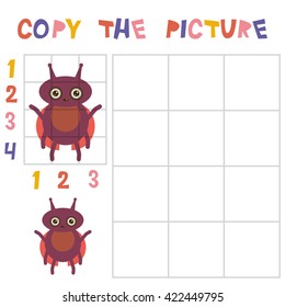 Copy the beetle ladybug picture using the grid, education game for children. Kids learning game insects isolated on white background. Vector