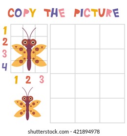 Copy the butterfly picture using the grid, education game for children. Kids learning game insects isolated on white background. Vector