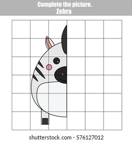 Copy by grid. Complete the picture children educational game, coloring page. Kids activity sheet with cute zebra character. Printable drawing worksheet