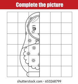 Copy by grid. Complete the picture children educational game, coloring page. Kids activity sheet with matreshka doll. Printable drawing worksheet