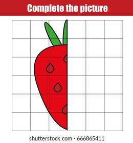 Copy by grid. Complete the picture children educational game, coloring page. Kids activity sheet with strawberry. Printable drawing worksheet