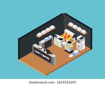 copy center or print shop interior with a reception desk labeled COPY CENTER 3d isometric vector