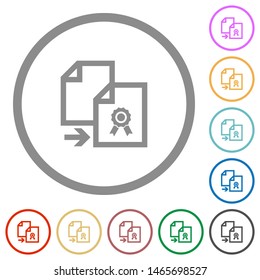 Copy certificate flat color icons in round outlines on white background