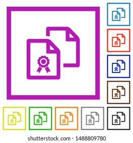 Copy certificate flat color icons in square frames on white background