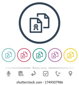 Copy certificate flat color icons in round outlines. 6 bonus icons included.