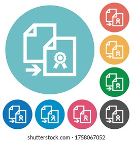 Copy certificate flat white icons on round color backgrounds