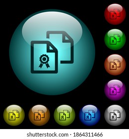 Copy certificate icons in color illuminated spherical glass buttons on black background. Can be used to black or dark templates