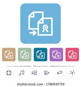Copy certificate white flat icons on color rounded square backgrounds. 6 bonus icons included