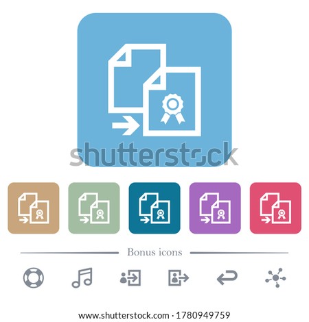 Copy certificate white flat icons on color rounded square backgrounds. 6 bonus icons included