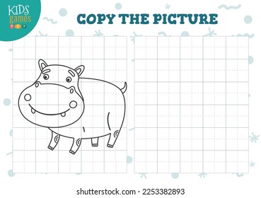 Kopieren und färben Sie das Bild, Vektorgrafik-Leerspiel, Illustration. Kindervorschulaktivität oder Übung zum Lernen und Erlernen mit Cartoon cute hippo