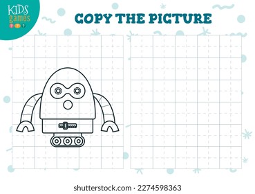 Copiar y colorear el juego en blanco del vector de imagen, ilustración. Actividad infantil preescolar o ejercicio para el aprendizaje y la educación con un robot tierno de dibujos animados