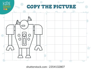 Copiez et coloriez l'image image image vectorielle jeu vierge, illustration. Enfants d'âge préscolaire activité ou exercice pour l'apprentissage et l'éducation avec un joli robot caricaturiste