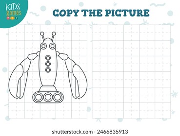 Copiar y colorear la imagen Vector juego en blanco, ilustración. Actividad preescolar o ejercicio para el aprendizaje y la educación con un robot lindo de dibujos animados