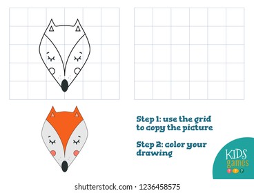 Copy and color picture vector illustration, exercise. Funny fox cartoon head for drawing and coloring game for preschool kids 