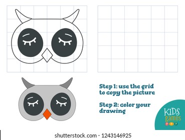 Copy and color picture vector illustration, exercise. Funny owl  cartoon head for drawing and coloring game for preschool kids 