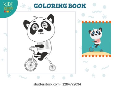 Copy and color picture vector illustration, exercise. Funny cartoon panda with bike for drawing and coloring game for preschool kids 