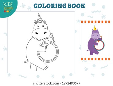 Copy and color picture vector illustration, exercise. Funny cartoon hippo with drum for drawing and coloring game for preschool kids 