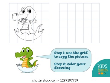 Copy and color picture vector illustration, exercise. Funny cartoon crocodile in the egg for drawing and coloring game for preschool kids 