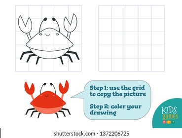 Copy and color picture vector illustration, exercise. Funny cartoon red crab for how to draw and color mini game for preschool kids 