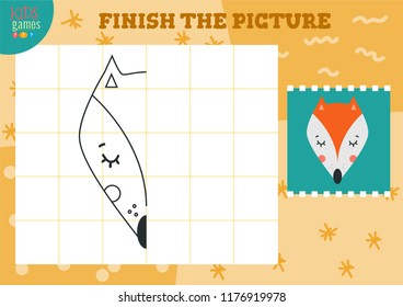 Copy and complete the picture vector blank game, illustration. Preschool kids activity or exercise for learning and education with cartoon fox