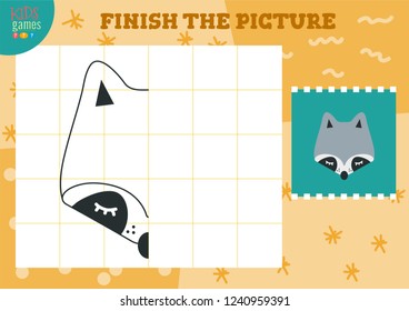 Copy and complete picture vector blank game, illustration. Preschool kids activity or educational exercise with raccoon head 