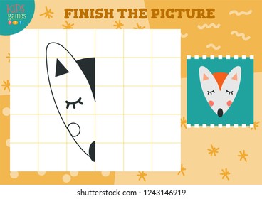 Copy and complete picture vector blank game, illustration. Preschool kids activity or educational exercise with fox head 