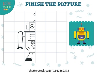 Copy and complete the picture vector blank game, illustration. Preschool kids activity or exercise for learning and education with cartoon vintage robot 