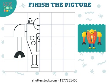 Copy and complete the picture vector blank game, illustration. Preschool kids activity or exercise for learning and education with cartoon vintage robot 