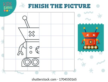 Copy and complete the picture vector blank game, illustration. Preschool kids drawing activity or exercise for learning and education with cartoon cute robot