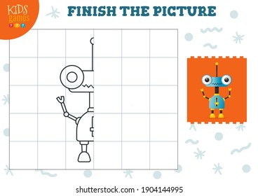 Copy and complete the picture vector blank game, illustration. Preschool kids activity or exercise for learning and education with cartoon cute robot