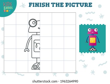 Copy and complete the picture vector blank game, illustration. Preschool kids activity or exercise for learning and education with cartoon cute robot