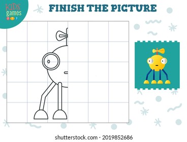 Copy and complete the picture vector blank game, illustration. Preschool kids activity or exercise for learning and education with cartoon cute robot